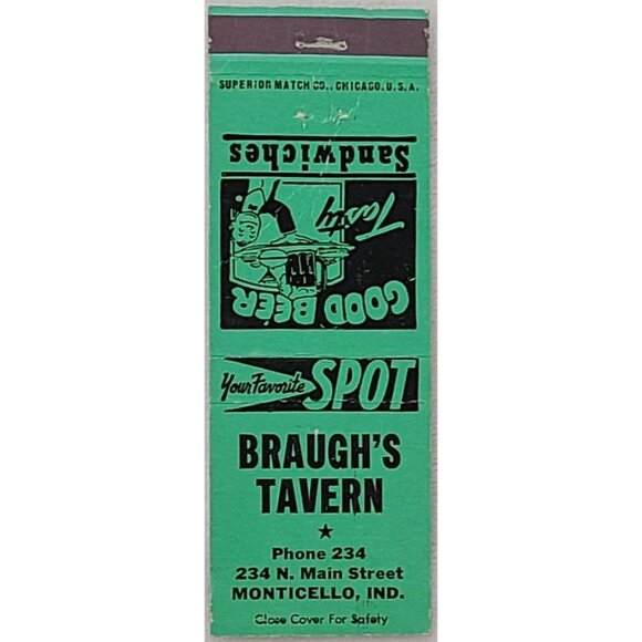 Braugh’s Tavern Other - Vintage Matchbook Cover Braugh’s Tavern Monticello IN Indiana Green